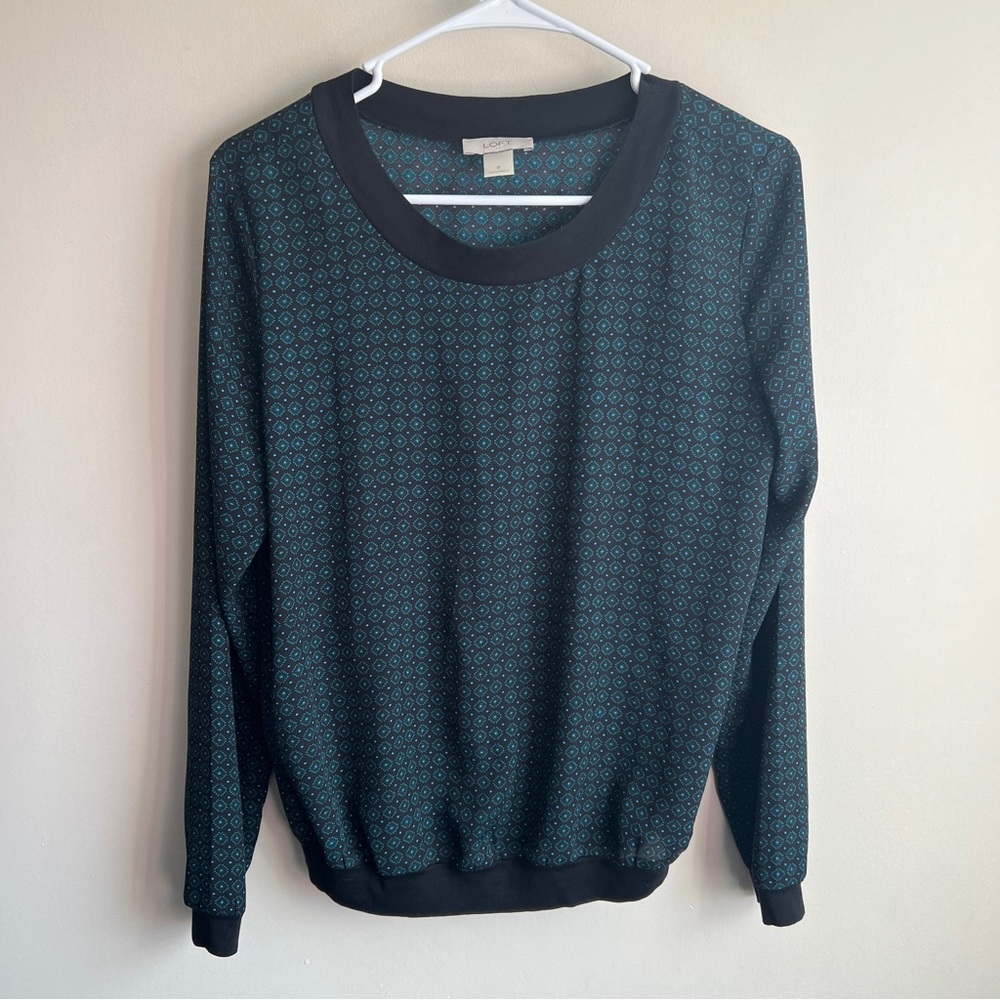 Loft Black Green Geometric Patterned Long Sleeve Blouse